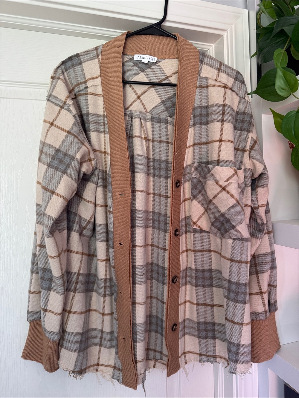 AEM+CO Women's Plaid Teddy Shacket in Beige and Gray